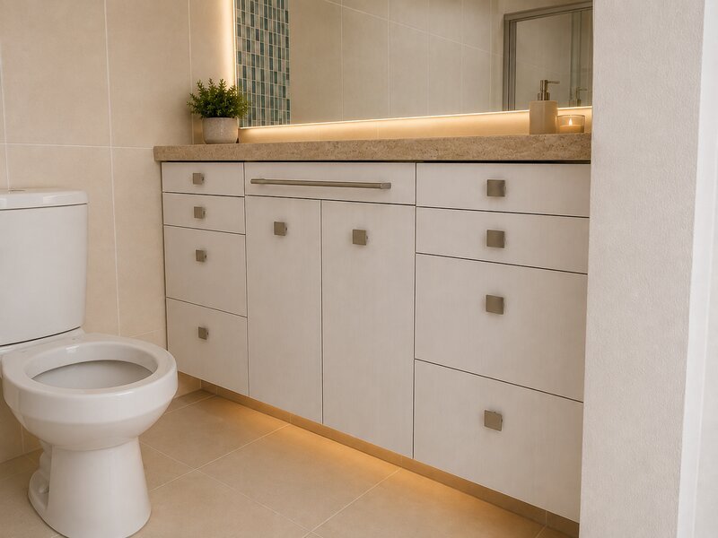 Baño contemporáneo en tonos arena